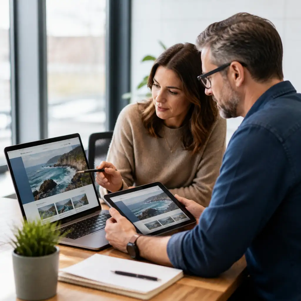Woman and man reviewing website mockups on laptop and tablet