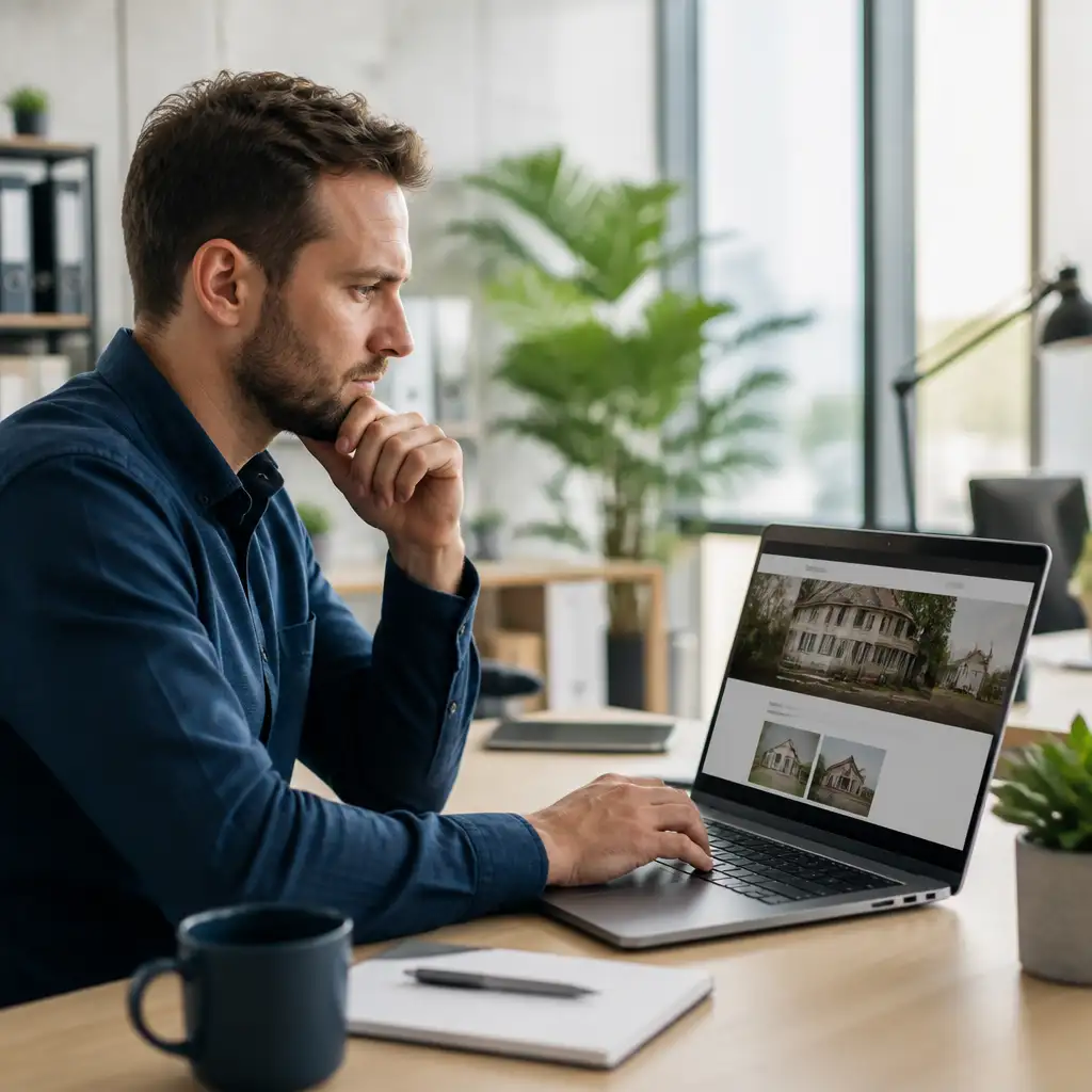 Man looking at laptop showing house photos, coffee mug nearby