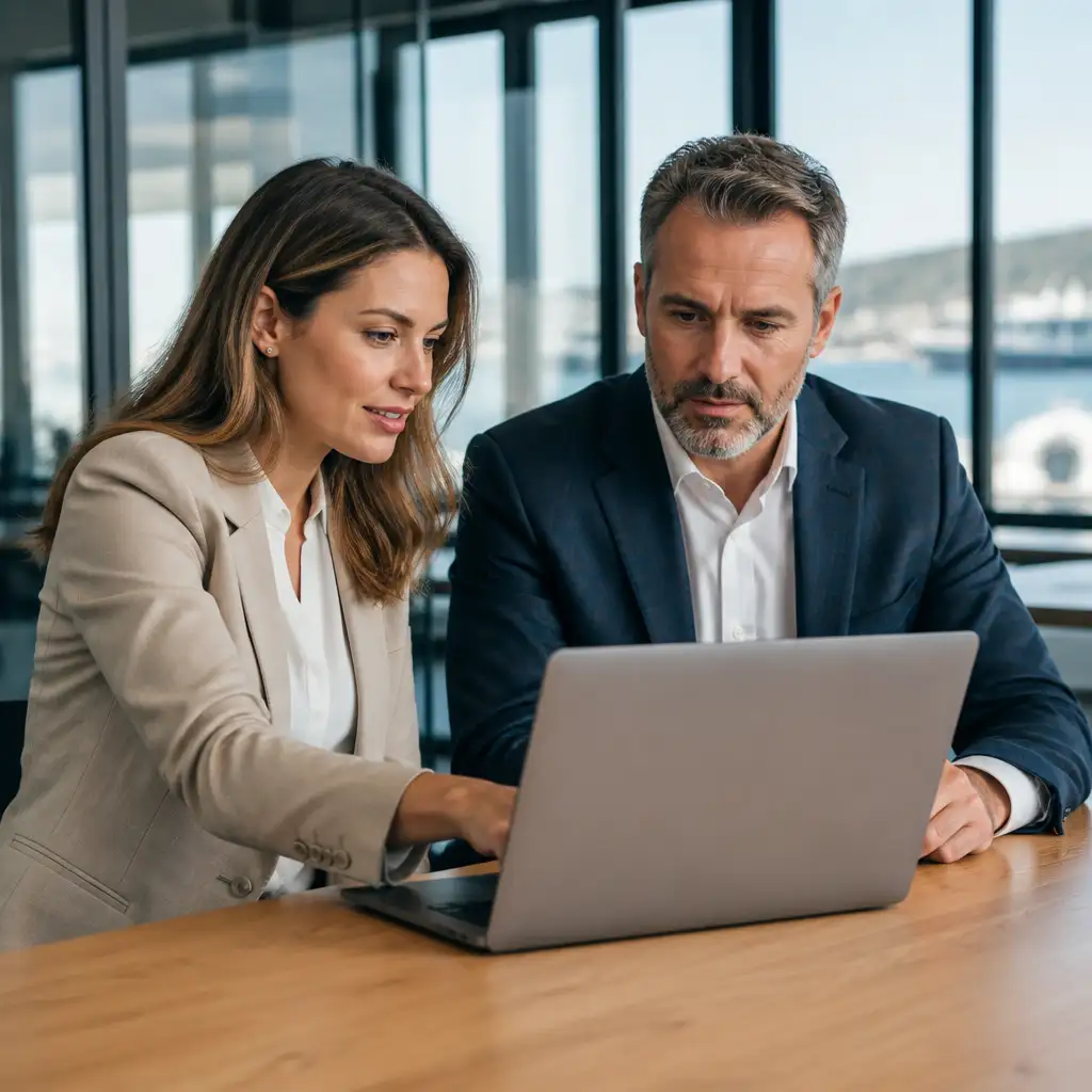 Two people in business attire looking at laptop in office