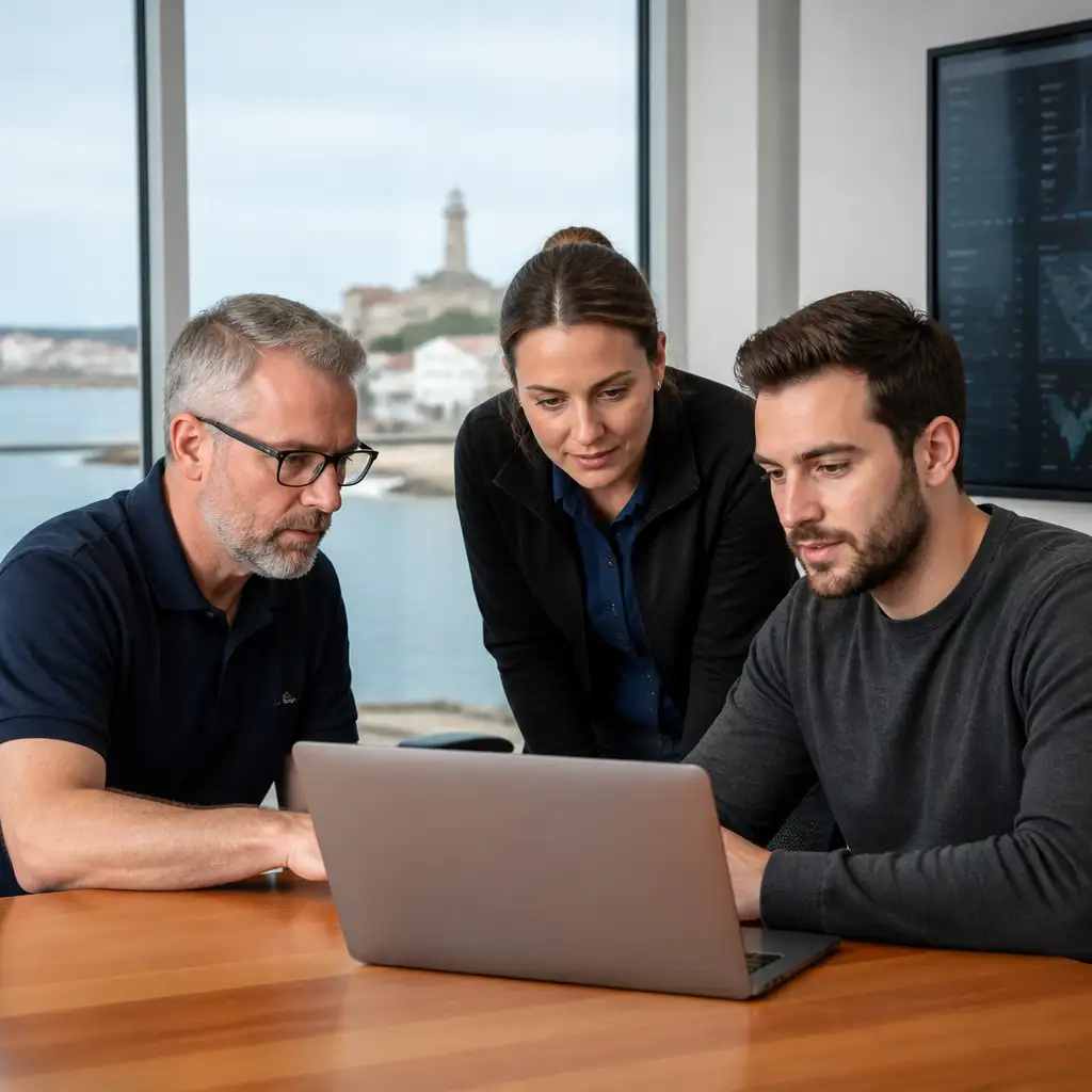 Three adults focused on laptop by window showing lighthouse
