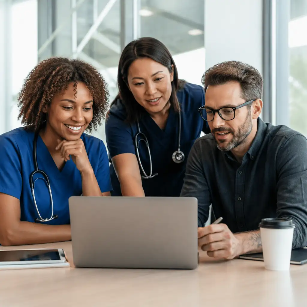 Three medical professionals looking at a laptop together