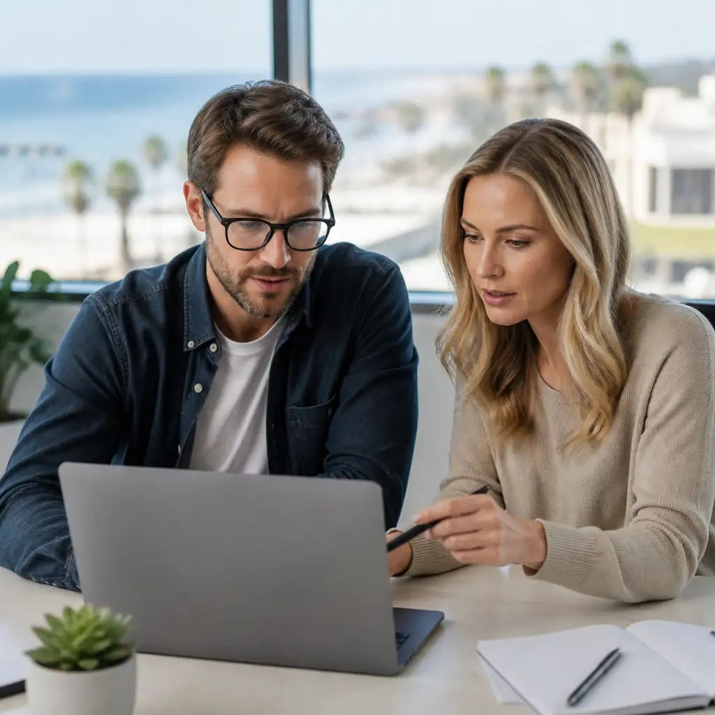 Man and woman reviewing laptop in office with ocean view