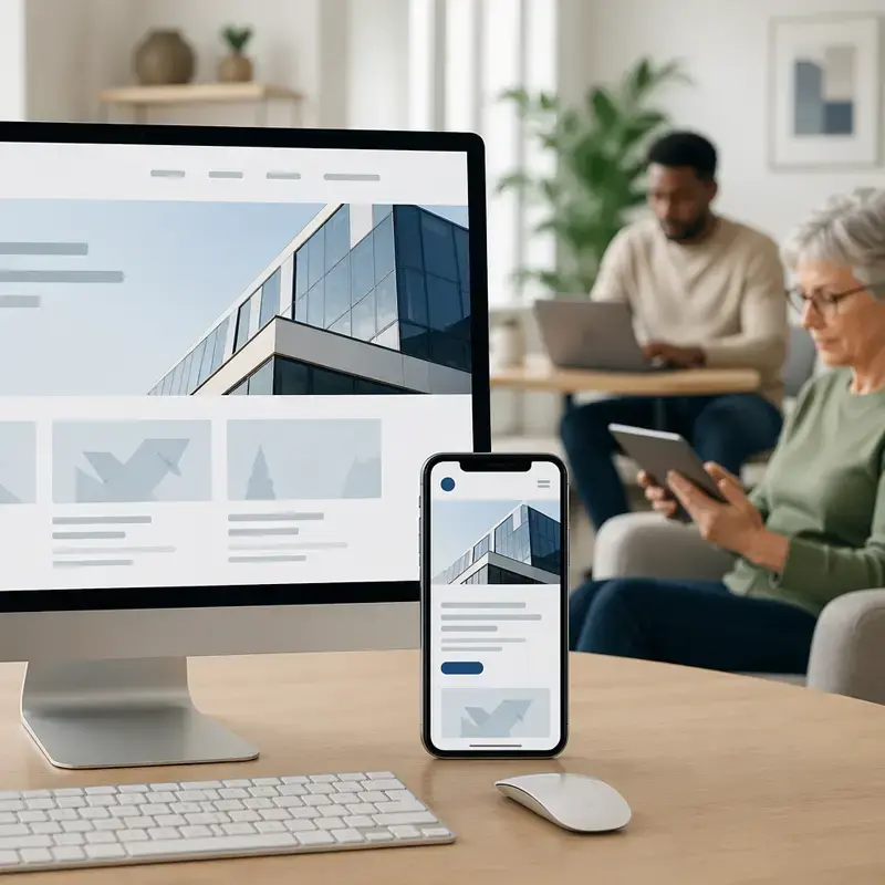 Responsive website design displayed across desktop mobile devices indoors